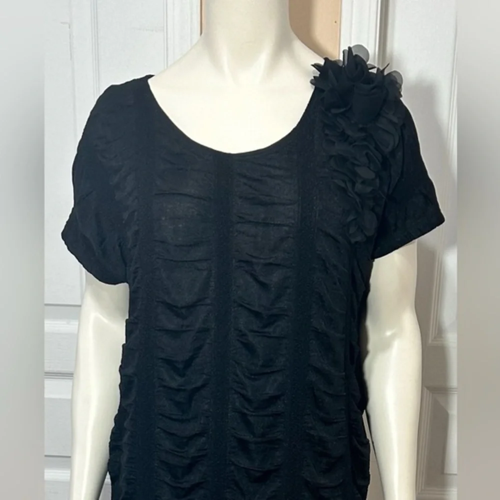 BLACK RUCHED TUNIC MINI DRESS WITH POCKETS ELEGANT CHIC - Picture 3 of 7